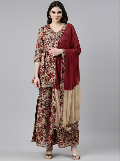 Neerus Maroon Pleated Anarkali Printed Kurta And Sharara With Dupatta