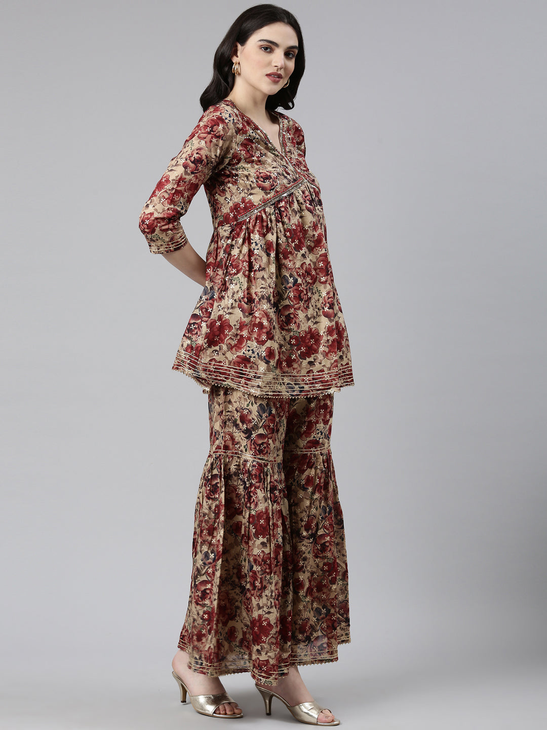 Neerus Maroon Pleated Anarkali Printed Kurta And Sharara With Dupatta