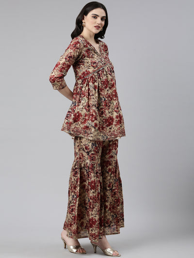 Neerus Maroon Pleated Anarkali Printed Kurta And Sharara With Dupatta