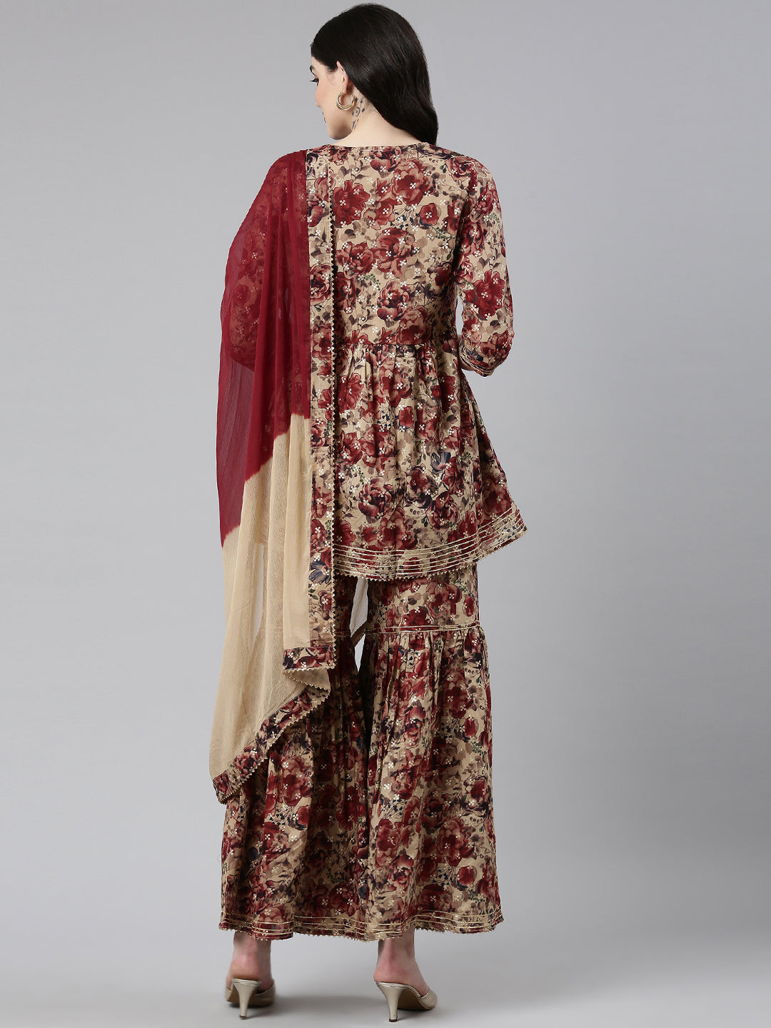 Neerus Maroon Pleated Anarkali Printed Kurta And Sharara With Dupatta