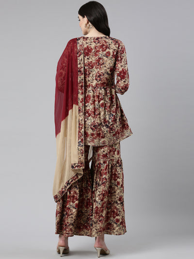 Neerus Maroon Pleated Anarkali Printed Kurta And Sharara With Dupatta