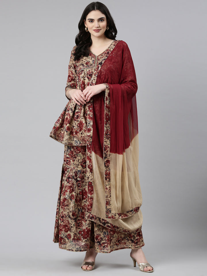 Neerus Maroon cotton printed anarkali kurta set - detail view 2