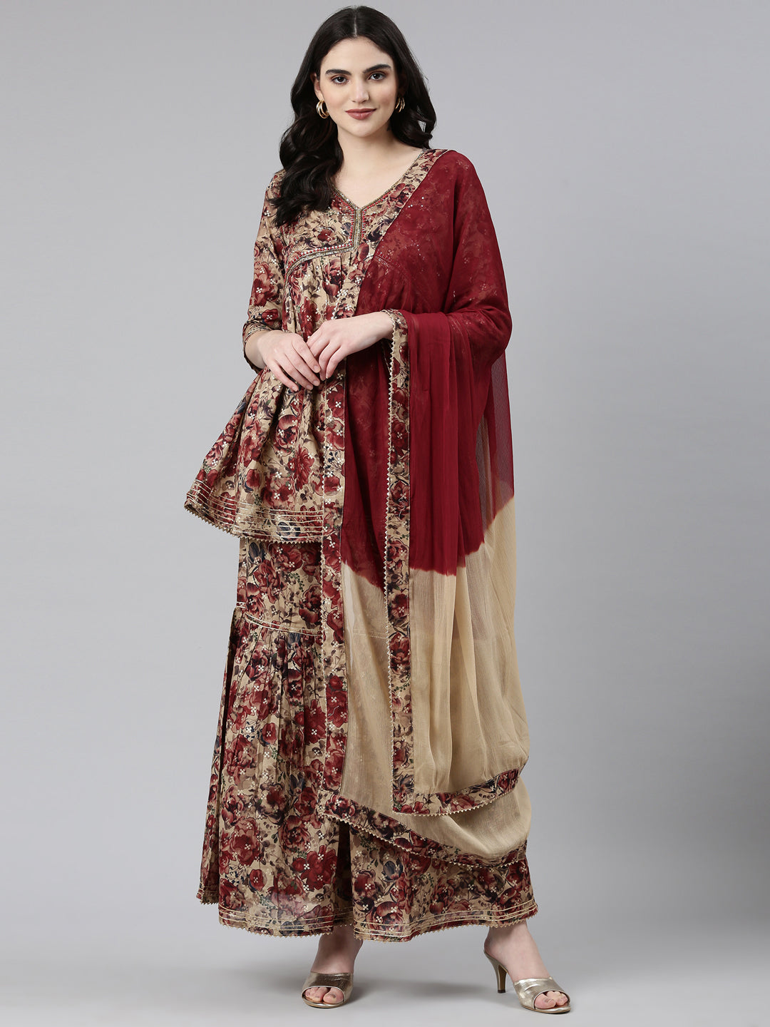 Neerus Maroon Pleated Anarkali Printed Kurta And Sharara With Dupatta