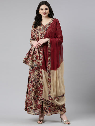 Neerus Maroon Pleated Anarkali Printed Kurta And Sharara With Dupatta
