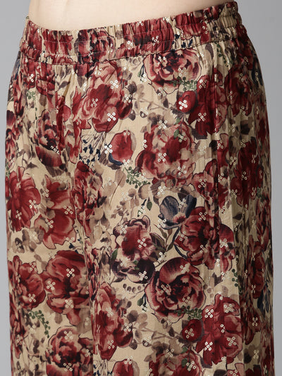 Neerus Maroon Pleated Anarkali Printed Kurta And Sharara With Dupatta