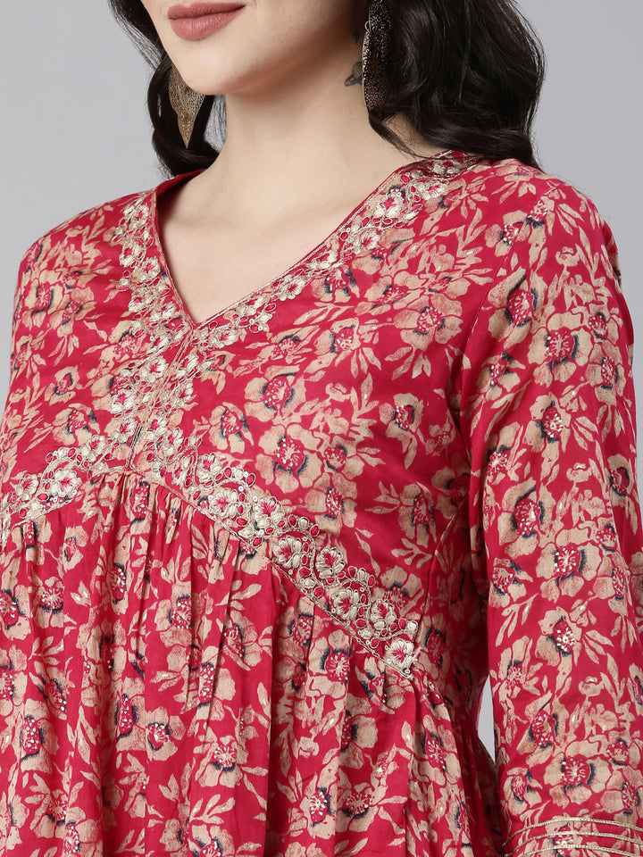 Neerus Pink printed anarkali kurta set with sharara and dupatta - detail view 1