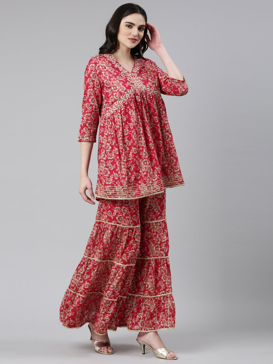 Neerus Pink printed anarkali kurta set with sharara and dupatta - back view