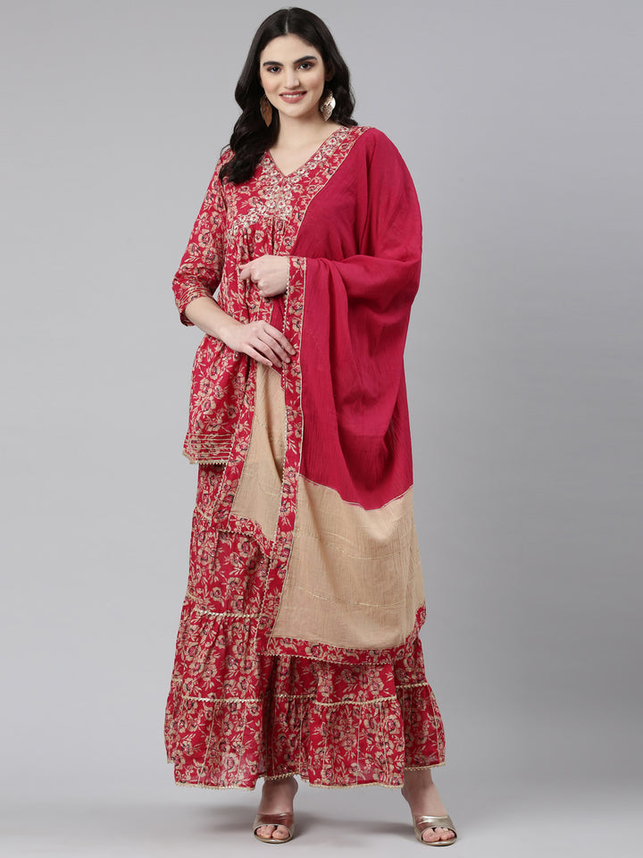 Neerus Pink printed anarkali kurta set with sharara and dupatta - detail view 2