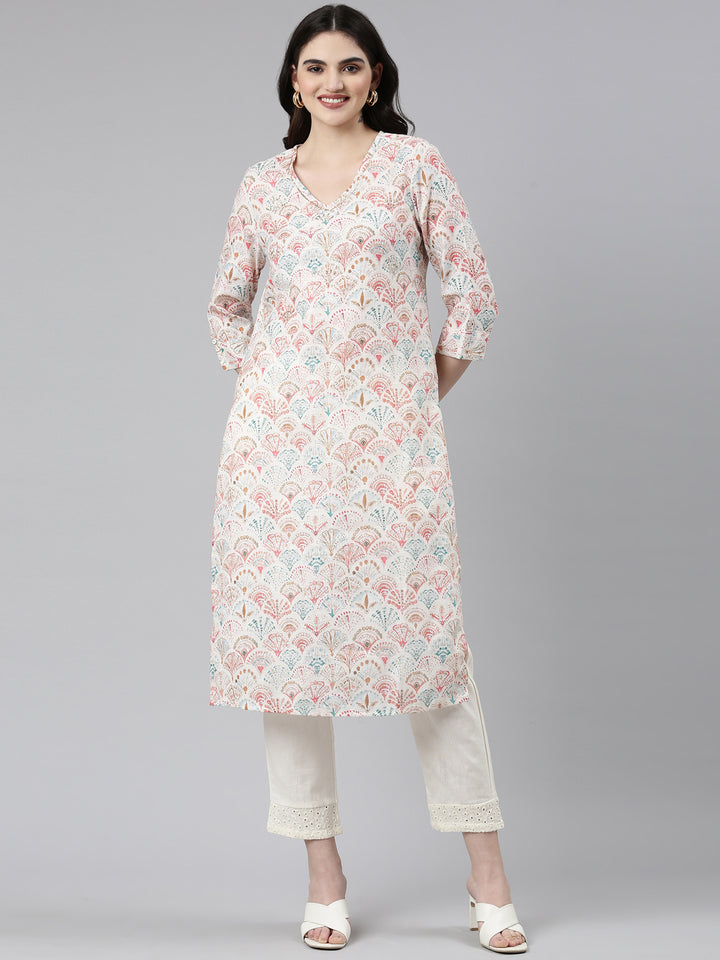 Neerus White cotton printed kurta set - front view