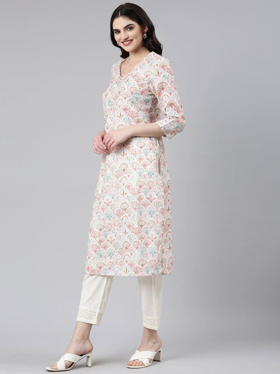 Neerus White cotton printed kurta set - back view