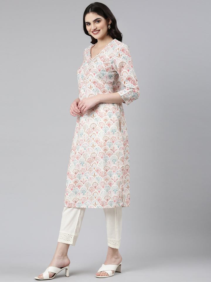 Neerus White cotton printed kurta set - back view