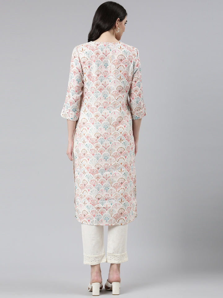 Neerus White cotton printed kurta set - side view