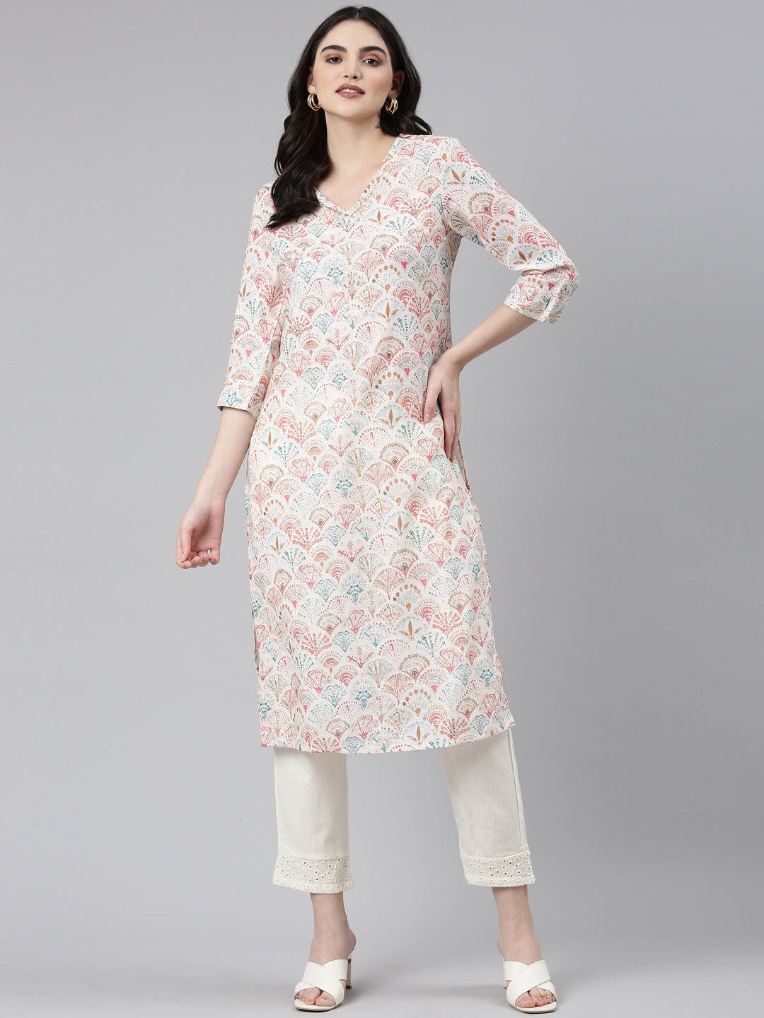 Neerus White cotton printed kurta set - detail view 2