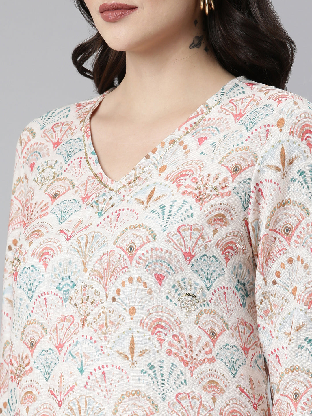 Neerus White cotton printed kurta set - detail view 1