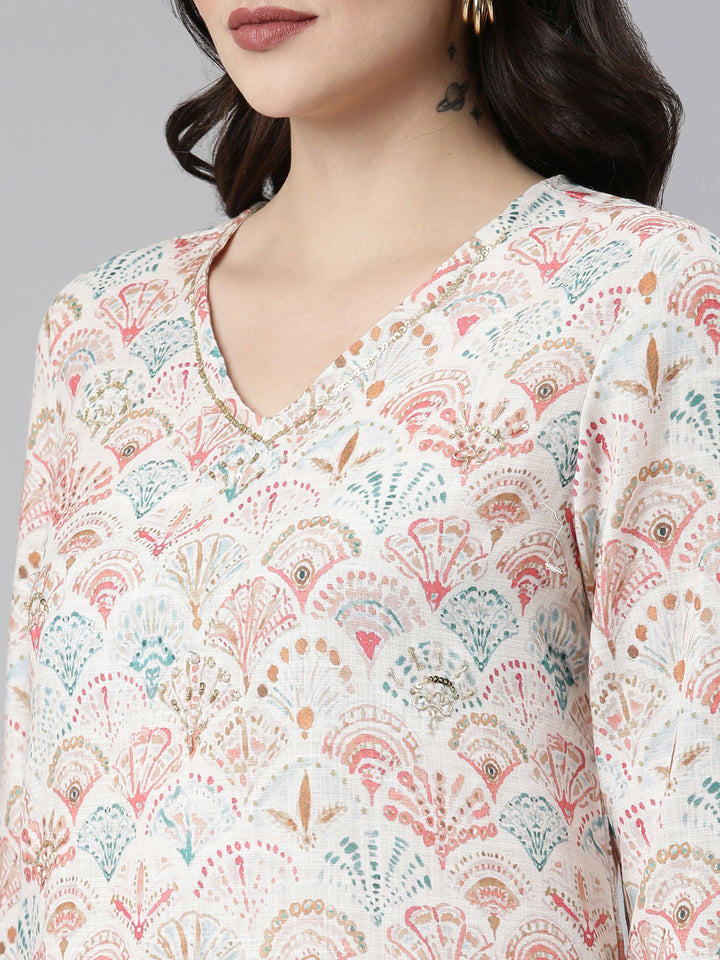 Neerus White cotton printed kurta set - detail view 1
