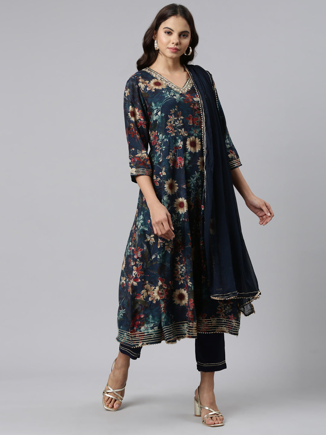 Neerus Green printed straight kurta set with trouser and dupatta - front view