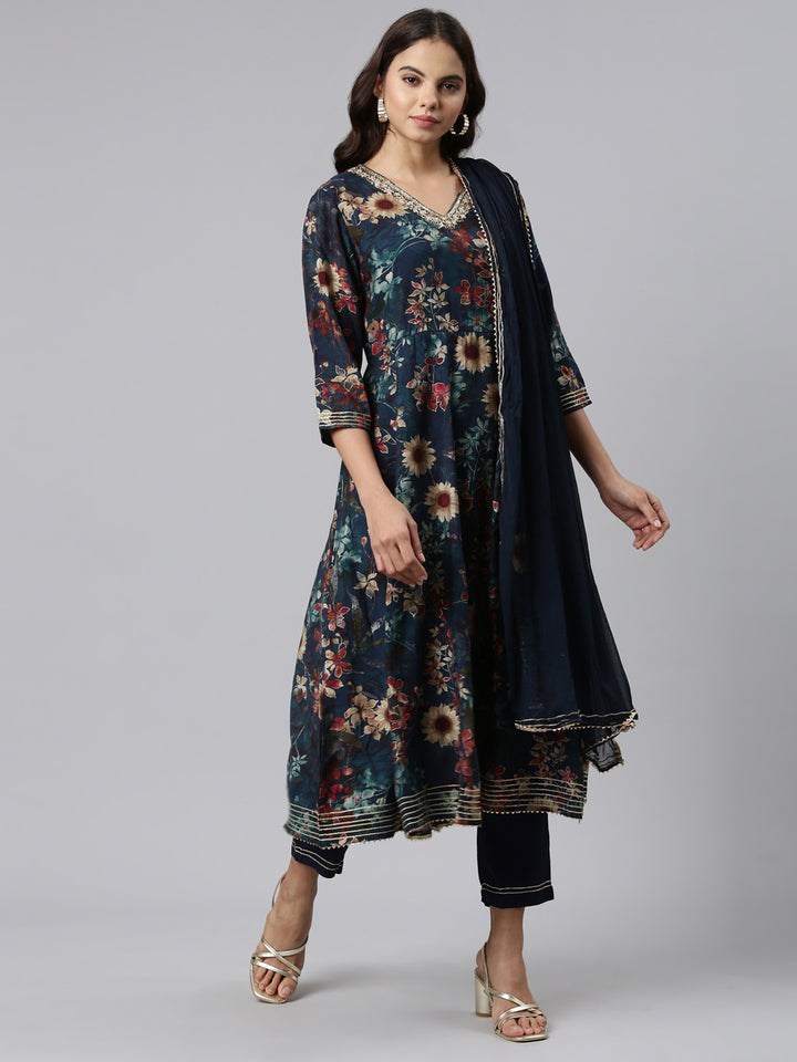 Neerus Green printed straight kurta set with trouser and dupatta - front view