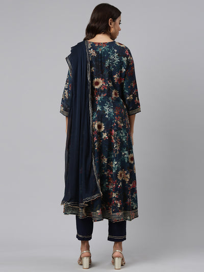 Neerus Green Regular Straight Printed Kurta And Trousers With Dupatta