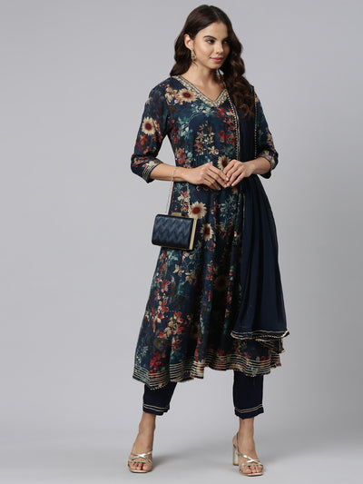Neerus Green Regular Straight Printed Kurta And Trousers With Dupatta