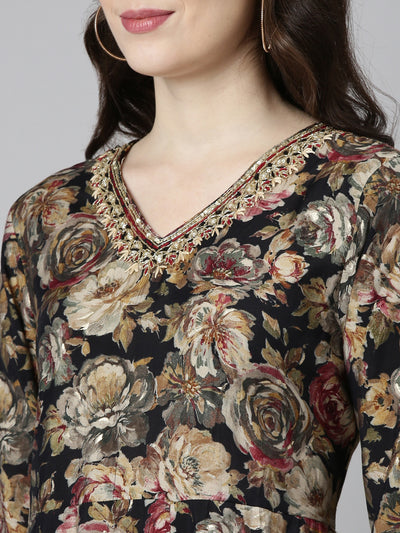 Neerus Black Regular Straight Printed Kurta And Trousers With Dupatta