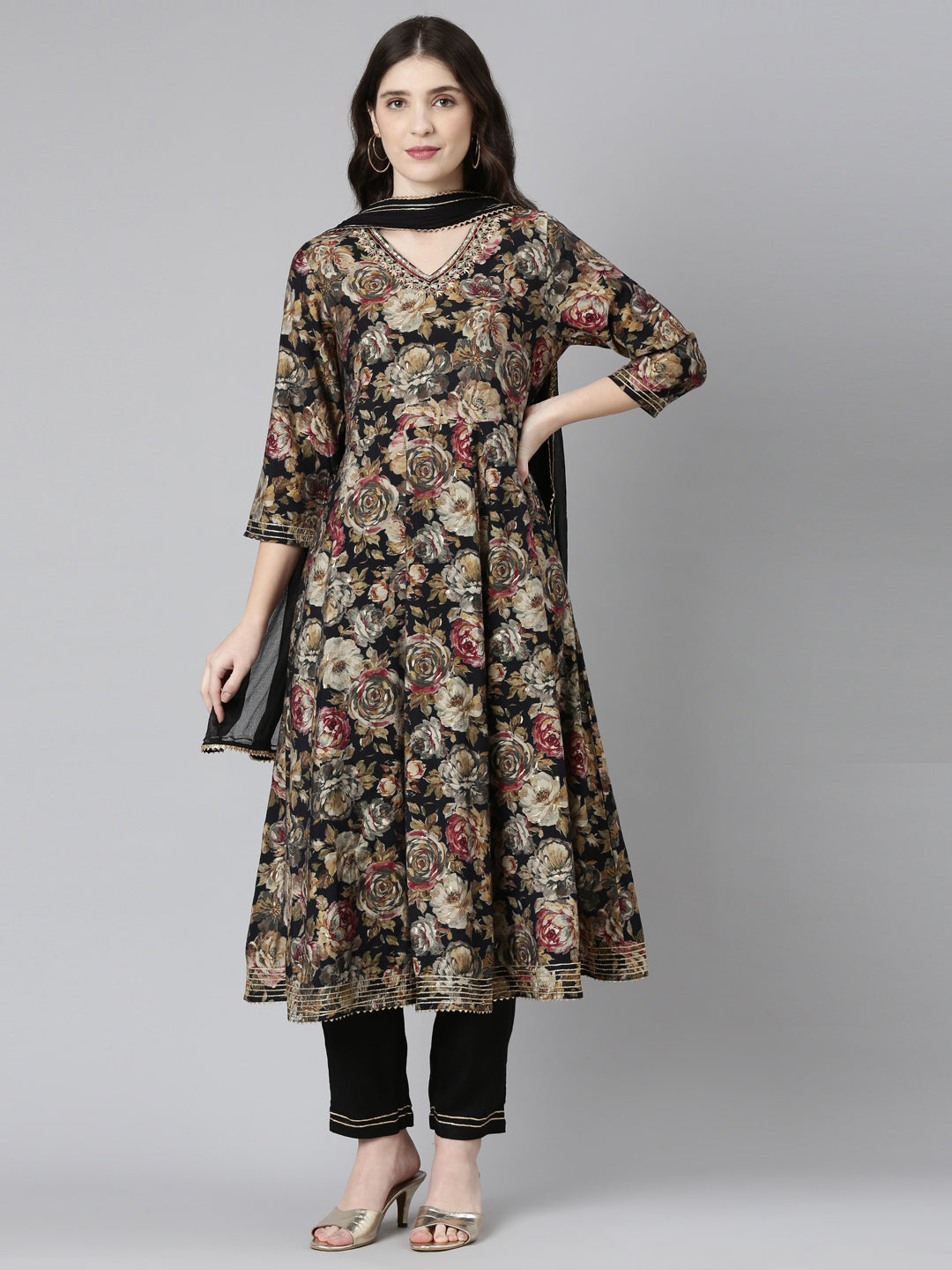 Neerus Black Regular Straight Printed Kurta And Trousers With Dupatta