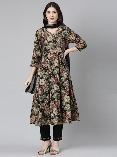 Neerus Black Regular Straight Printed Kurta And Trousers With Dupatta