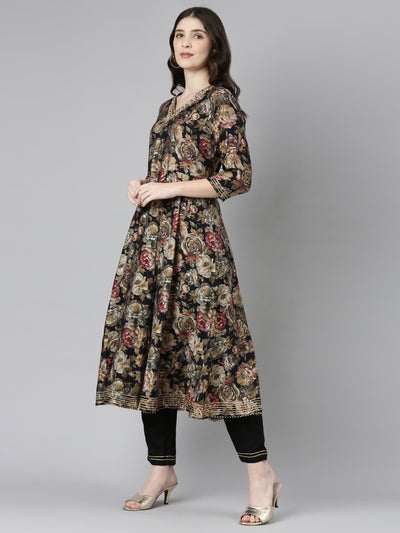 Neerus Black Regular Straight Printed Kurta And Trousers With Dupatta