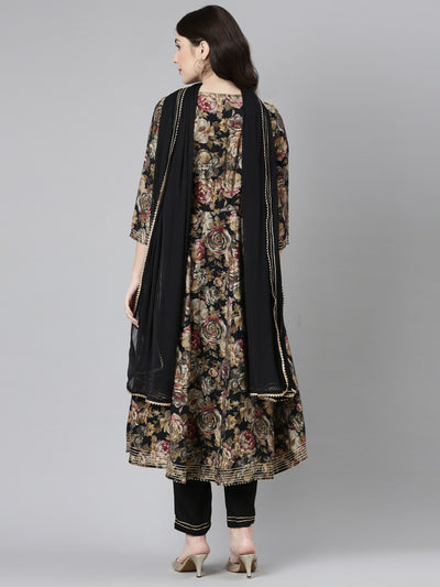 Neerus Black Regular Straight Printed Kurta And Trousers With Dupatta