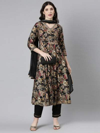 Neerus Black Regular Straight Printed Kurta And Trousers With Dupatta