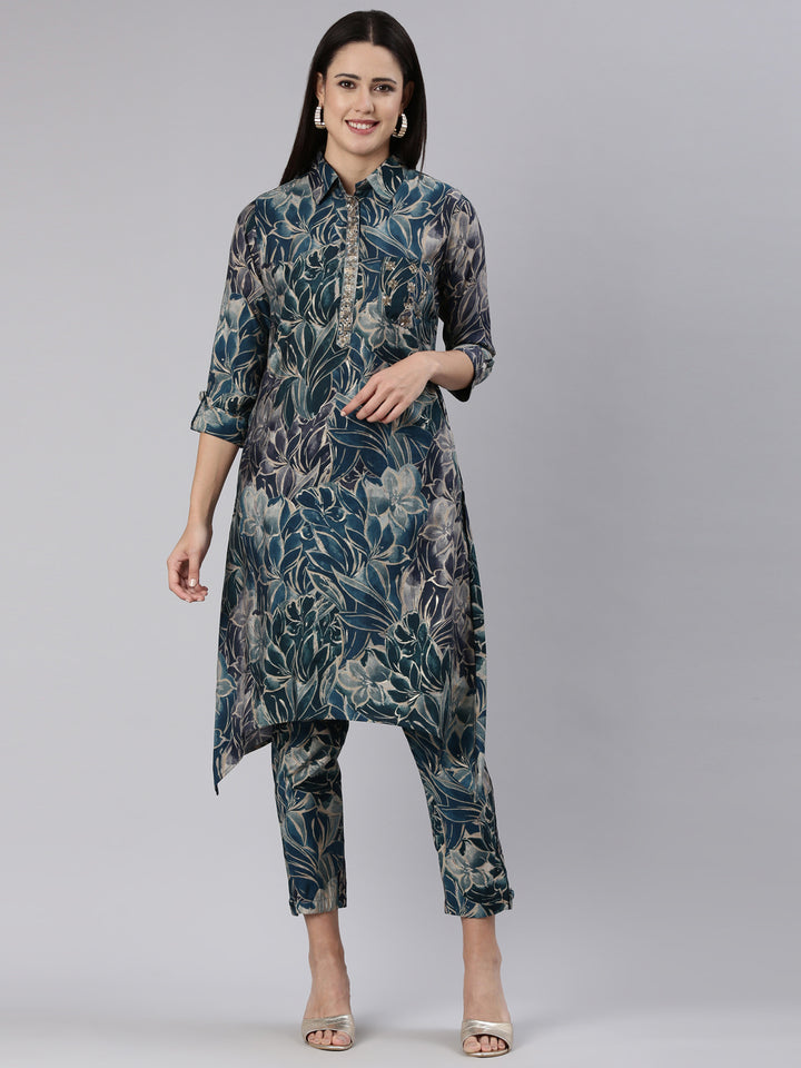 Neerus Green printed straight kurta set - front view