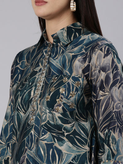 Neerus Green Regular Straight Printed Kurta And Trousers