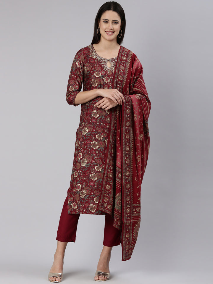 Neerus Maroon printed straight kurta set - front view