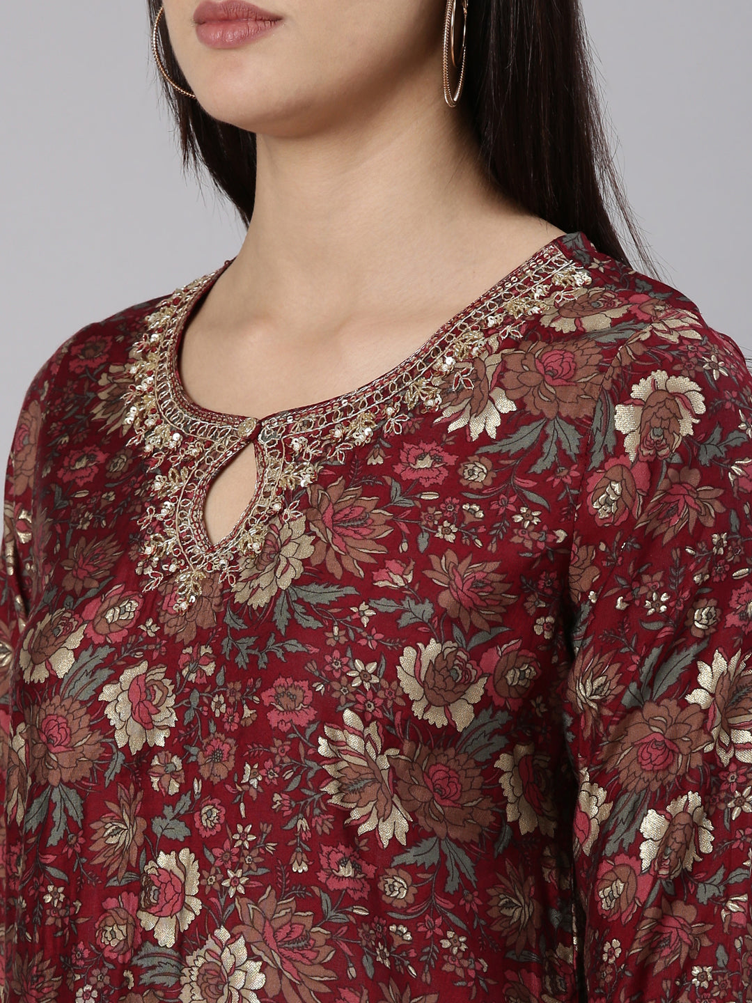 Neerus Maroon printed straight kurta set - detail view 1