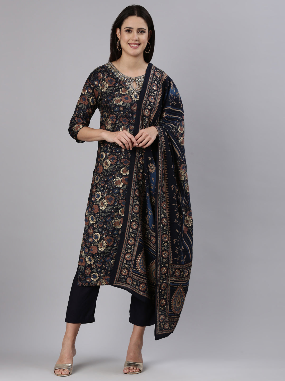 Neerus Blue printed straight kurta set with trouser and dupatta - front view