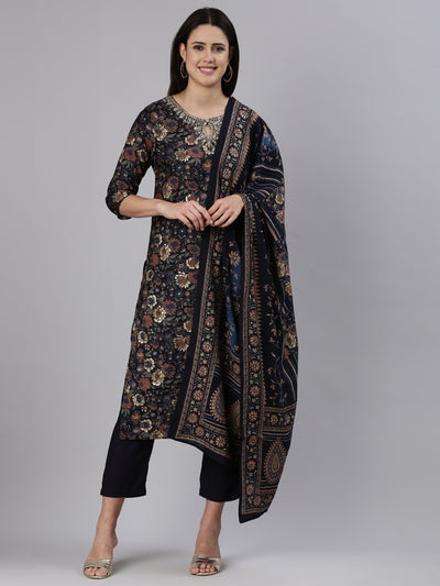 Neerus Navy Blue Regular Straight Printed Kurta And Trousers With Dupatta