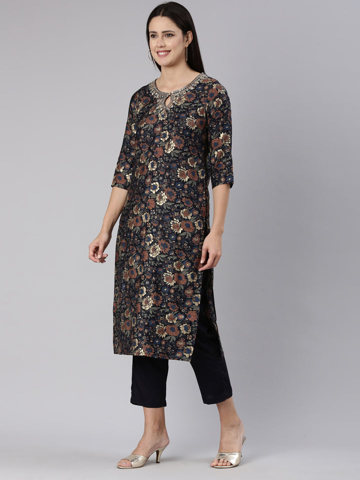 Neerus Blue printed straight kurta set with trouser and dupatta - back view