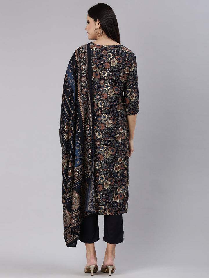 Neerus Blue printed straight kurta set with trouser and dupatta - side view