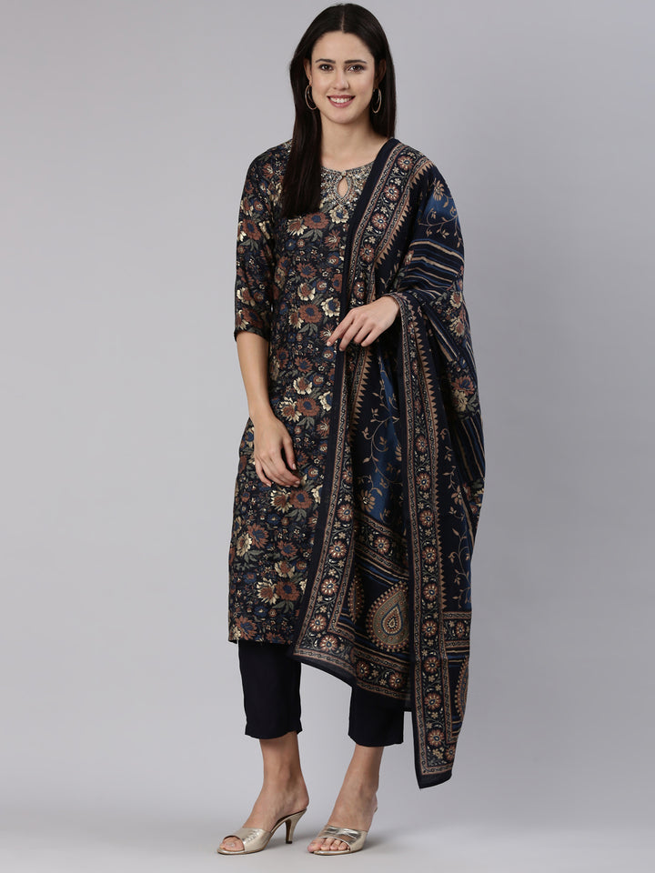 Neerus Blue printed straight kurta set with trouser and dupatta - detail view 2