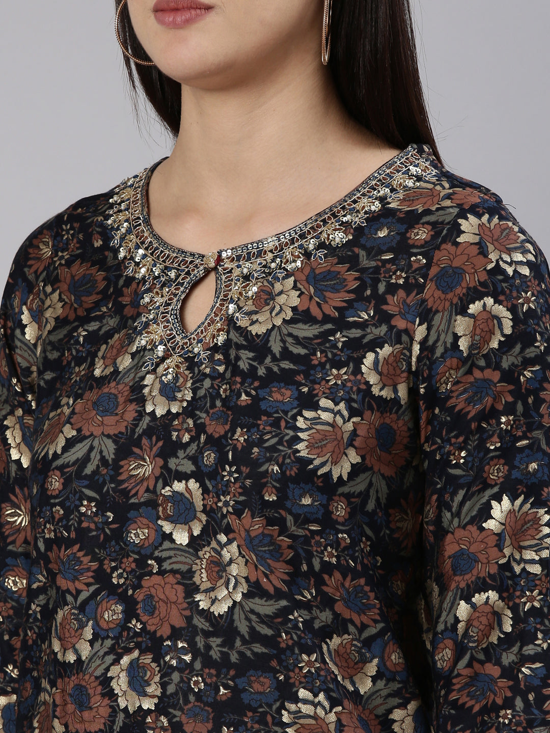 Neerus Blue printed straight kurta set with trouser and dupatta - detail view 1