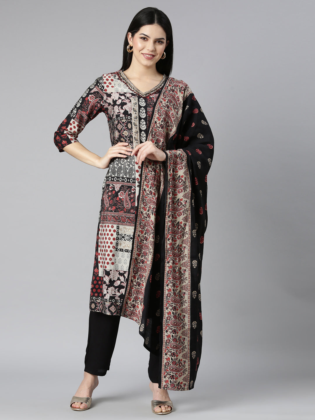 Neerus Black printed paisley kurta set with trouser and dupatta - front view
