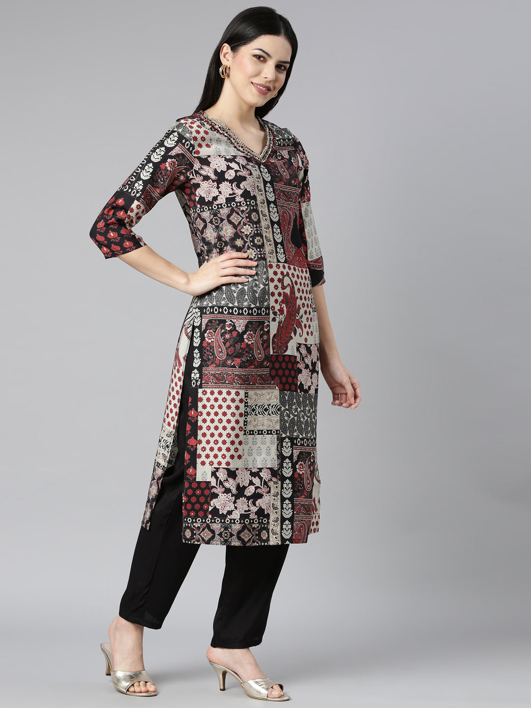 Neerus Black printed paisley kurta set with trouser and dupatta - back view