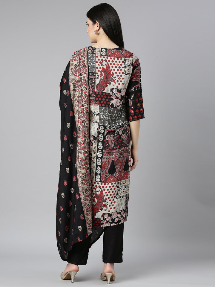 Neerus Black printed paisley kurta set with trouser and dupatta - side view