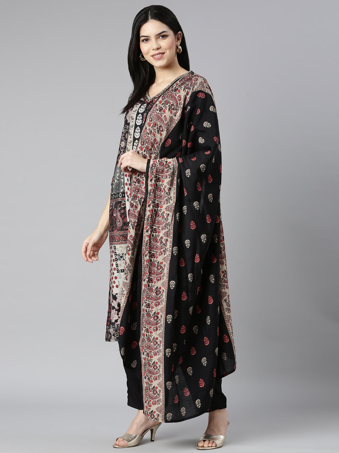 Neerus Black printed paisley kurta set with trouser and dupatta - detail view 2
