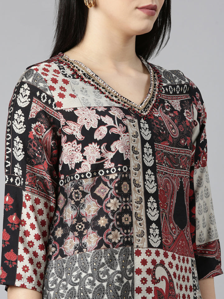 Neerus Black printed paisley kurta set with trouser and dupatta - detail view 1