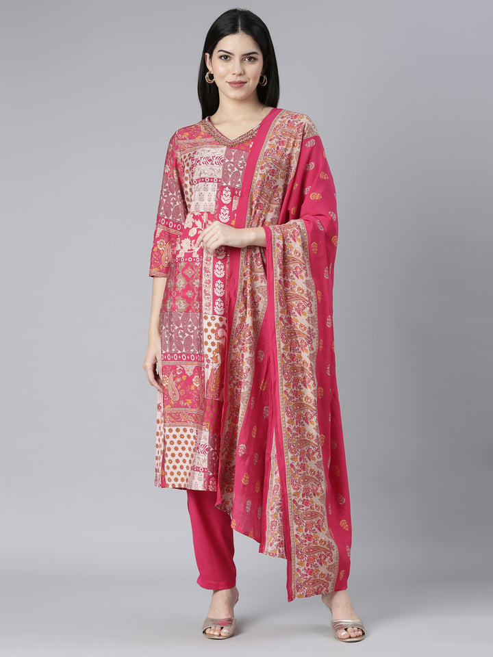 Neerus Pink printed paisley kurta set with trouser and dupatta - front view