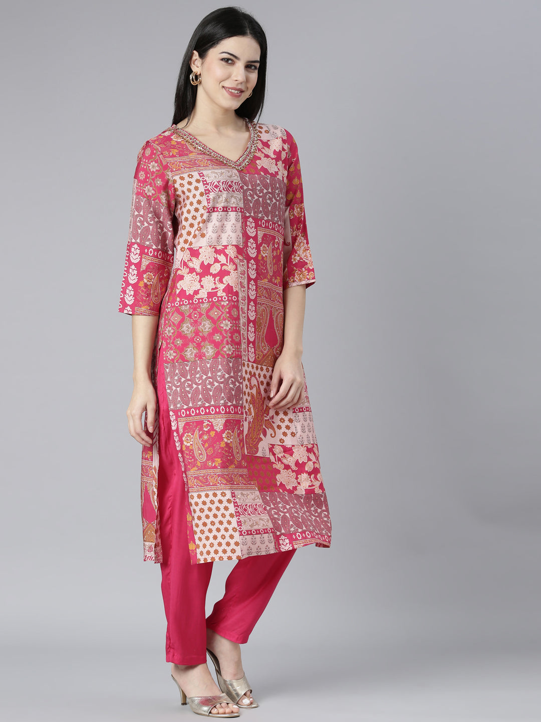 Neerus Pink printed paisley kurta set with trouser and dupatta - back view