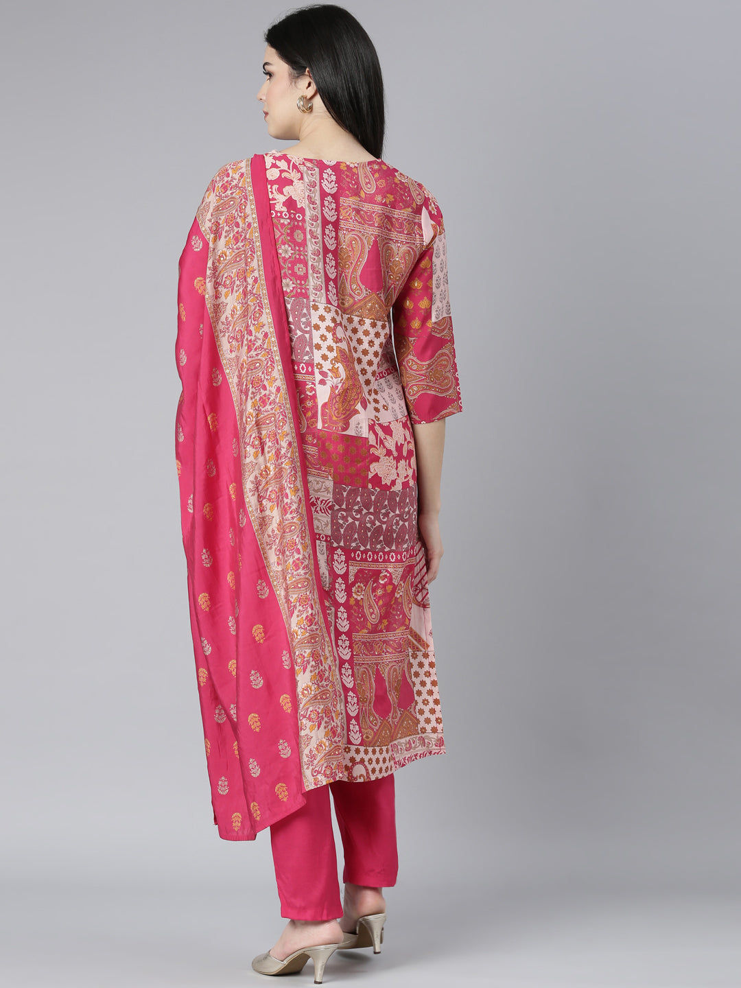 Neerus Pink printed paisley kurta set with trouser and dupatta - side view