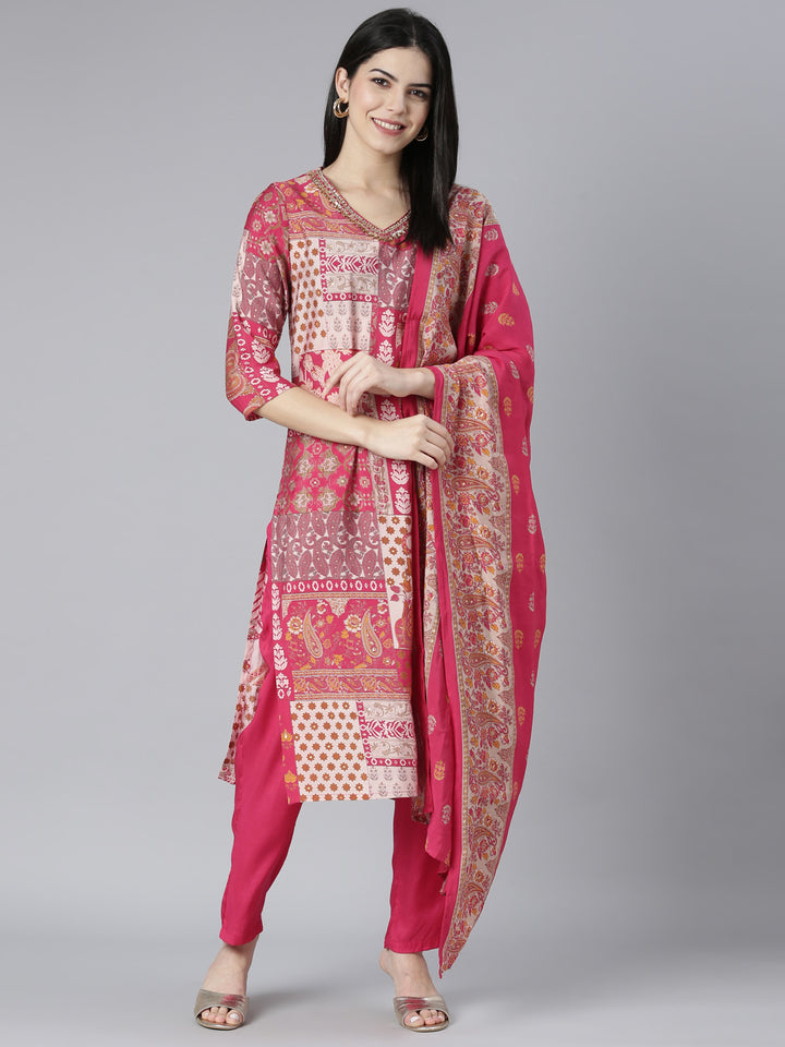 Neerus Pink printed paisley kurta set with trouser and dupatta - detail view 2