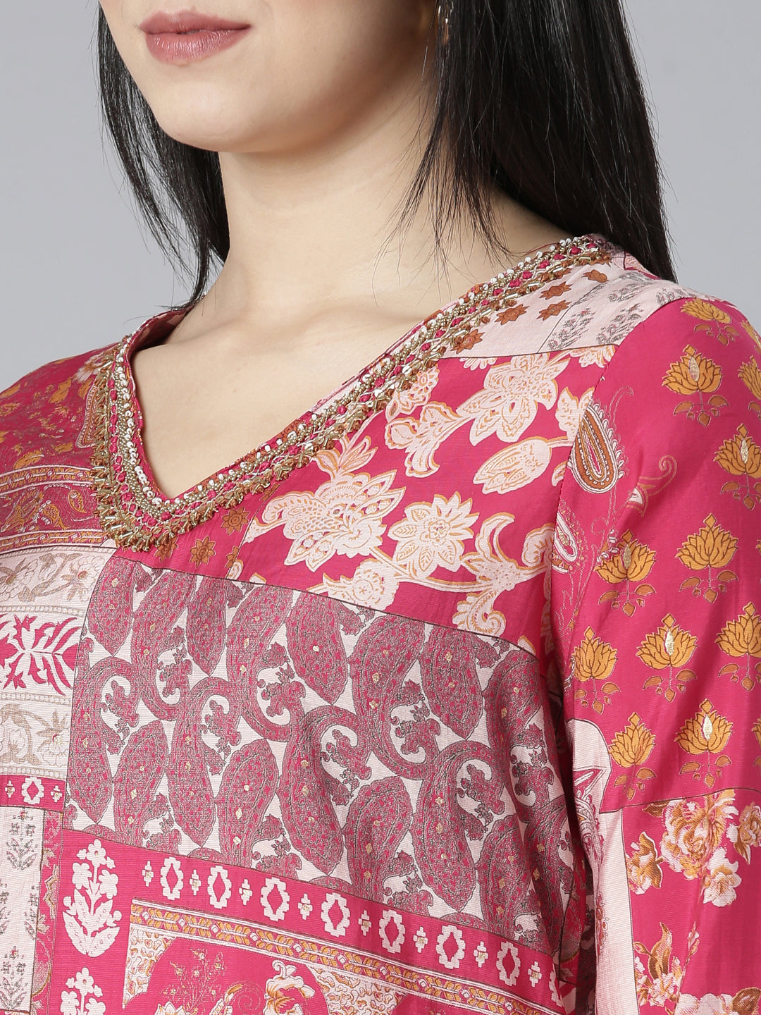 Neerus Pink printed paisley kurta set with trouser and dupatta - detail view 1