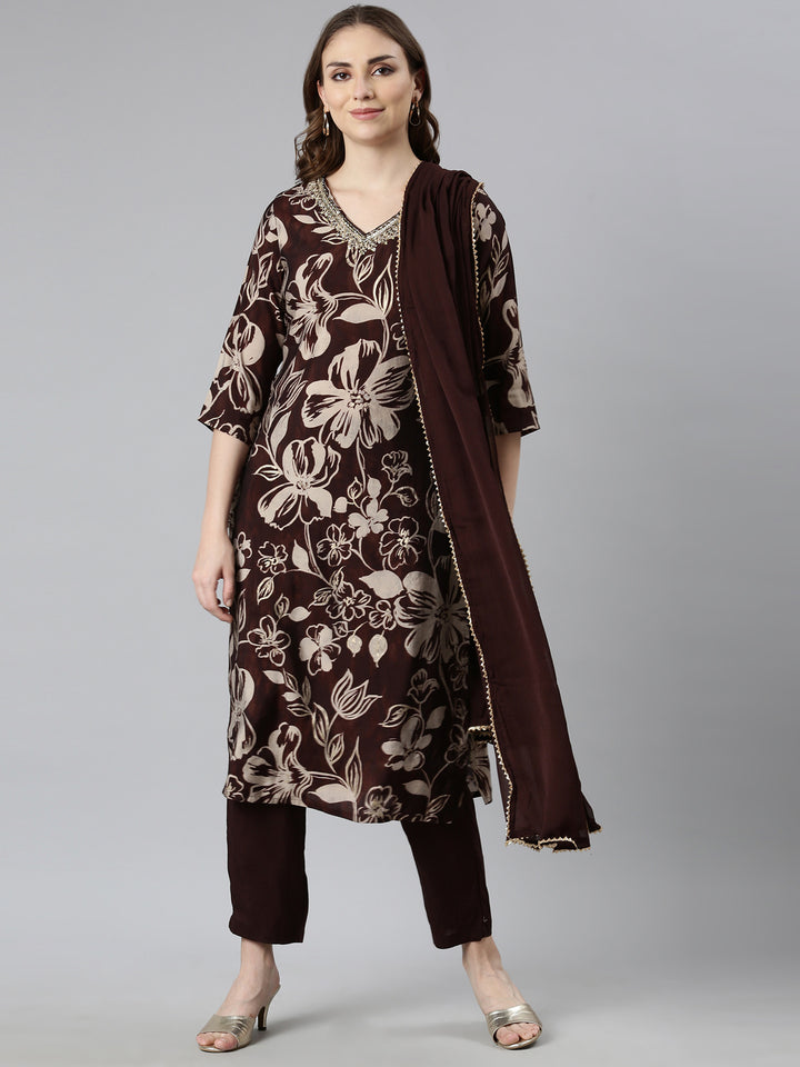 Neerus Brown floral printed straight suit set - front view